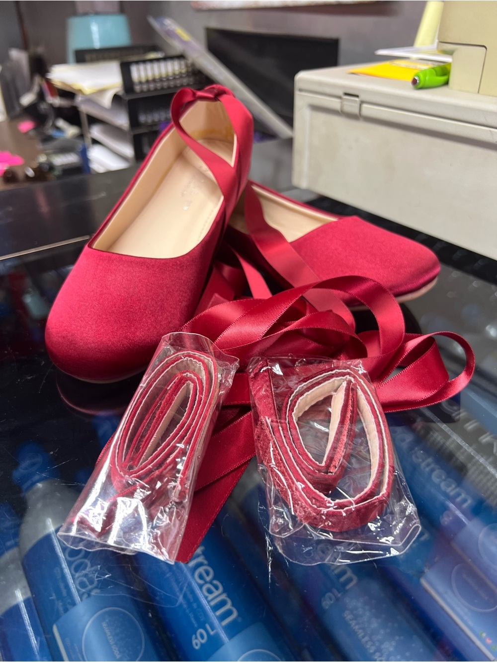Girls Red Satin Ballet Flats with Ribbon Tie